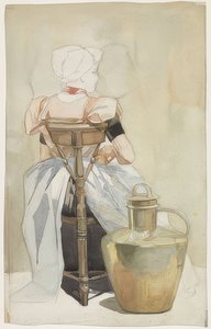 Sitzendes Mädchen in Tracht, Rückenansicht von Johan Braakensiek
