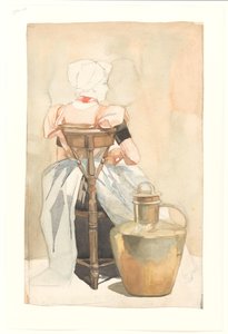 Sitzendes Mädchen in Tracht, von hinten gesehen