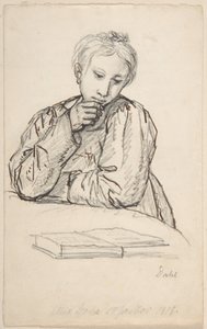 Porträt von Eline Marie Heger als Kind, auf einen Tisch gelehnt, ein Buch betrachtend von Johan Christian Dahl
