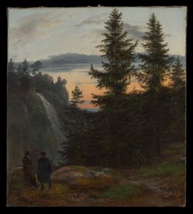 Zwei Männer vor einem Wasserfall bei Sonnenuntergang von Johan Christian Dahl