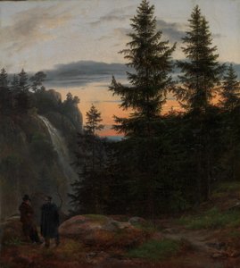 Zwei Männer vor einem Wasserfall bei Sonnenuntergang, 1823 von Johan Christian Dahl