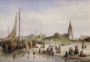 Fischerleute am Strand mit einer Stadt im Hintergrund, 1857 von Johan Gerard Smits