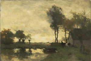 Landschaft mit Bauernhof an einem Teich