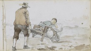 Landschaft mit einem Mann, der einen Jungen auf einem Handkarren schiebt von Johan Hendrik Weissenbruch