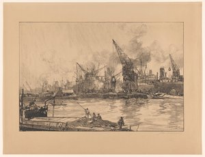 Ansicht des Hafens von Rotterdam mit verschiedenen Kränen