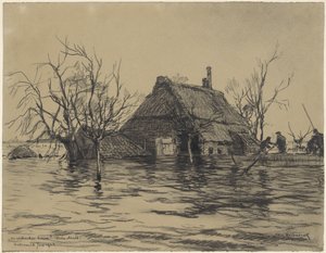 Überfluteter Bauernhof in Neder-Asselt (Land von Maas und Waal)