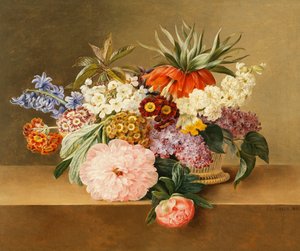 Iris, Flieder, Primeln, Blüten und Pfingstrosen in einem Korb von Johan Laurents Jensen