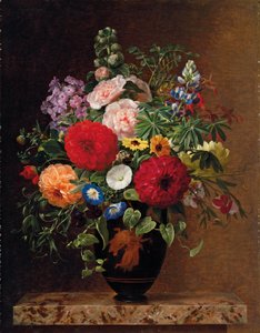 Flieder, Apfelblüten, Kornblumen und Nelken mit einem Topf Veilchen auf einem Sims, 1827