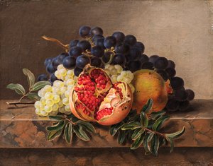 Granatäpfel und grüne und blaue Trauben auf einem Marmorrand, 1833 von Johan Laurentz Jensen
