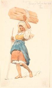 Barfüßiges Bauernmädchen mit einem Bündel Holz auf dem Kopf
