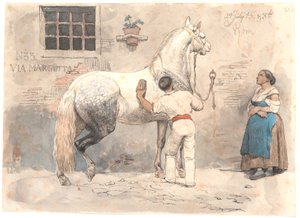 Ein grauschimmelndes Pferd wird in der Via Margutta gestriegelt von Johan Thomas Lundbye