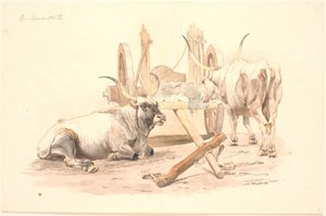 Ein liegender und ein stehender Ochse bei ihrem Karren von Johan Thomas Lundbye