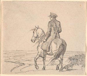 Ein Reiter schräg von hinten gesehen, reitend in eine weite Landschaft von Johan Thomas Lundbye