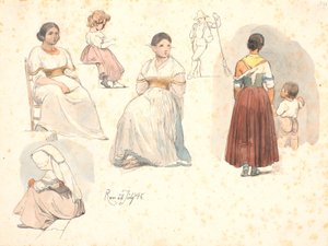 Vier Studien von Italienerinnen, eine mit einem Kind an der Hand, sowie eine Studie eines Kindes und eine Studie eines Straßenkehrers