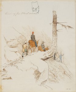 Gehende und reitende Reisende auf einem Bergpfad vor einem kleinen Männerkopf von hinten gesehen von Johan Thomas Lundbye