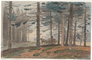Fichtenwald mit Weg, auf dem ein Pferdewagen mit Holz fährt. Im Hintergrund eine Lichtung im Wald von Johan Thomas Lundbye