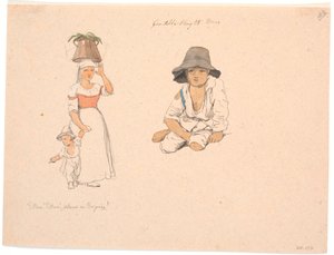 Italienerin mit einem Eimer auf dem Kopf und einem bettelnden Jungen an der Hand. Rechts eine Studie eines sitzenden italienischen Jungen von Johan Thomas Lundbye