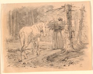 Die Frau und das Pferd. Illustration zu Kaalunds "Fabler for Børn". Siehe Kommentar aus dem Arkatalog. von Johan Thomas Lundbye