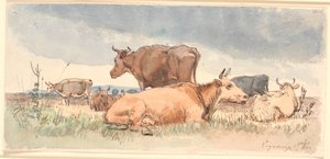 Landschaft mit drei liegenden und drei stehenden Kühen