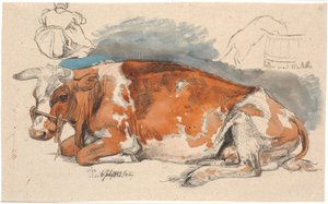 Liegende Kuh. Oben links ein sitzendes Bauernmädchen, rechts eine Katze, die aus einer Milchschüssel trinkt von Johan Thomas Lundbye