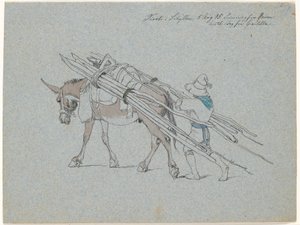 Maultier beladen mit dünnen Baumstämmen und begleitet vom Treiber von Johan Thomas Lundbye