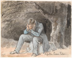 Perfectum - Präsens - Futurum. Junger Mann, der unter einem Baum auf einem Stein sitzt und die Hände vor dem Gesicht hat von Johan Thomas Lundbye