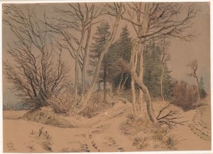 Schneebedeckte Wege zwischen Tannen und kahlen Bäumen von Johan Thomas Lundbye