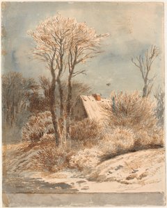 Schneelandschaft mit Haus zwischen Bäumen