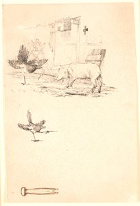 Der Storch und das Schwein. Unten eine Studie des Elsters und ein Werkzeug. Illustration zu Kaalunds "Fabler for Børn"