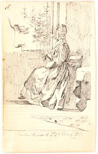 Strickende Dame (Lundbyes Mutter?) am Fenster mit Blick auf Tannenbäume, sowie Profilstudie von Johan Thomas Lundbye