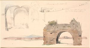 Studienblatt von der römischen Campagna, Italien. Unten Aquarellstudie eines römischen Aquädukts mit Blick auf niedrige Berge. Links eine Studie eines offenen Raums mit flachen Gewölben, in der Mitte eine Italienerin, die ein großes Bündel auf dem Kopf trä von Johan Thomas Lundbye