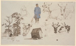 Studienblatt vom Melkplatz bei Vognserup. Studien von Kühen. Links Bauernhof hinter drei hohen Bäumen, in der Mitte vorne sitzende Melkerin mit Rückenansicht und ein stehender Hirte. Unten rechts ein Hirtenwagen