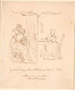 Zweiteilige Darstellung mit links zwei Brief lesenden Damen, rechts eine Brief schreibende Dame von Johan Thomas Lundbye