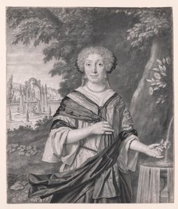 Porträt einer Frau in der Nähe eines Brunnens, eine Rose in der Hand