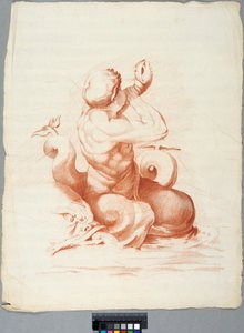 Akademiezeichnung. Detail einer Deckendekoration mit Peleus und Thetis in der Galleria Farnese, Rom, Triton bläst eine Muschel