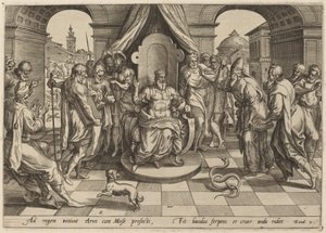 Moses und Aaron vor dem Pharao von Johan Wierix, after Maarten van Cleef