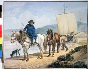 Pferd und Wagen am Fluss
