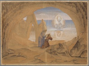 Dante erblickt ein von einem Engel geleitetes Schiffchen, in welchem Seelen nach dem Purgatorium gebracht werden von Johann Anton Ramboux