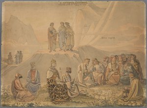 Hier findet Dante die Seele von Fürsten, die nur mit Herrschersorgen erfüllt waren, es versäumten, Buße zu tun, und sich nun auf einer grünen und blumigen Wiese reinigen müssen von Johann Anton Ramboux