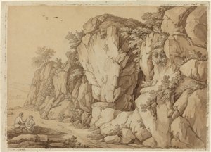 Ein junges Paar sitzt nahe einer massiven Felsformation von Johann August Nahl II