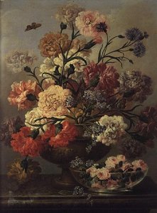 Nelken und Vergissmeinnicht mit Rosen in einer Glasschale von Johann Baptist Drechsler