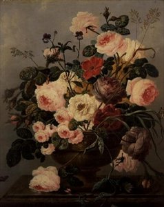 Rosen, Nelken, Winden und andere Blumen in einer Vase auf einem Sims von Johann Baptist Drechsler