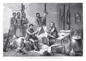 Dr. David Livingstone (1813-73) und Mr. Henry Morton Stanley (1841-1904) erhalten Zeitungen in Zentralafrika, graviert von Pearson von Johann Baptist Zweecker