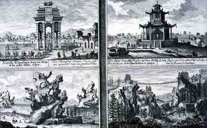 Vier Ansichten eines chinesischen Triumphbogens, einer Pagode in Sinkicien in der Provinz Xantum, künstlicher Berge und Höhlen und einer Kettenbrücke in der Nähe der Stadt Kingtung, China, aus 