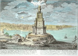 Leuchtturm von Alexandria, erbaut von Ptolemaios dem Großen (36-nach 30 v. Chr.), Ägypten, aus Entwurf einer historischen Architektur, graviert von Johann Adam Delsenbach (1687-1765) 1721