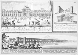 Der Königspalast in Isfahan, ein Querschnitt der Alyverdy-Chan-Isfahan-Brücke und eine Ansicht der Alyverdy-Chan-Isfahan-Brücke, aus Entwurf einer historischen Architektur, graviert von Johann Adam De von Johann Bernhard Fischer von Erlach