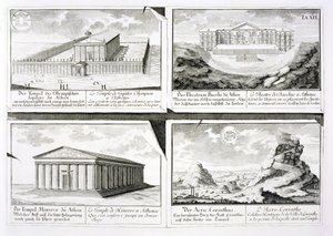 Ansichten von vier klassischen Gebäuden: Der Tempel des Olympischen Zeus, das Dionysostheater in Athen, der Athenatempel in Athen und ein Tempel in Korinth, aus Entwurf einer historischen Architektur von Johann Bernhard Fischer von Erlach