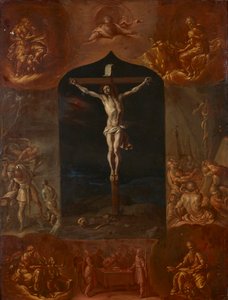 Der gekreuzigte Jesus und sieben biblische Szenen