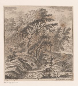 Mann mit einem Hund, der entlang eines Waldrands spaziert von Johann Caspar Ulinger