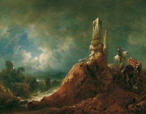 Landschaft mit Ruine und Reiter bei Mondschein von Johann Christian Brand